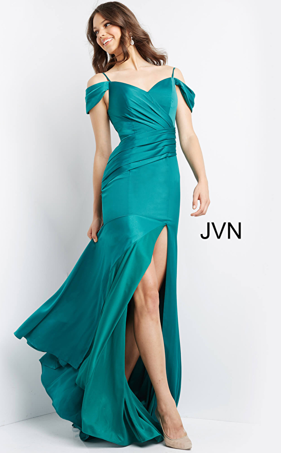 JVN08414 Emerald Pleated Bodice V Neck Prom Dress